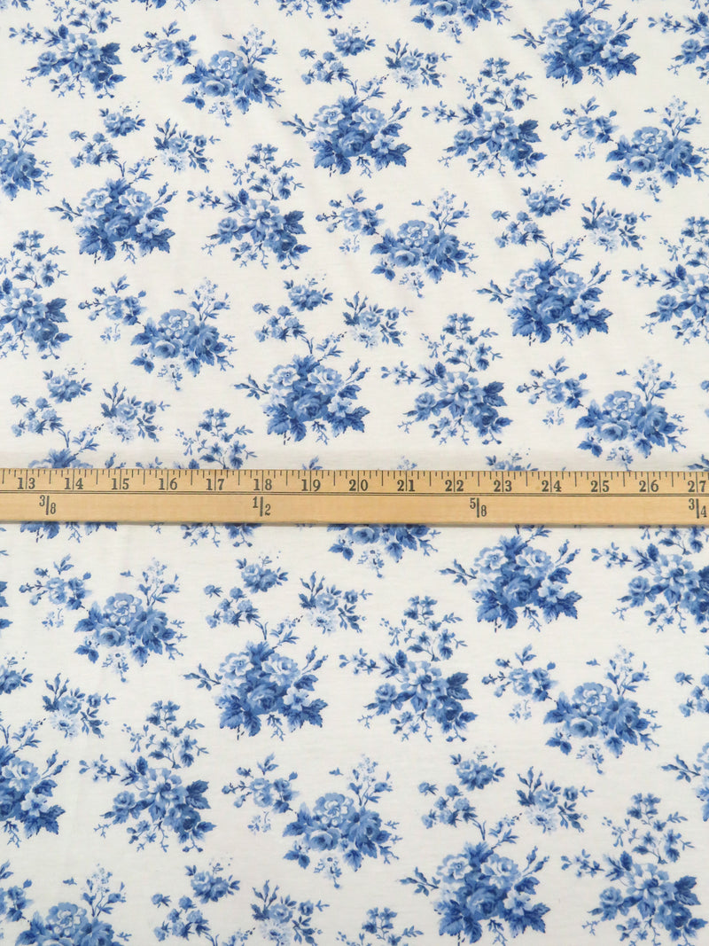 Steel Blue/White 100% Cotton Floral Print Jersey Knit 60W