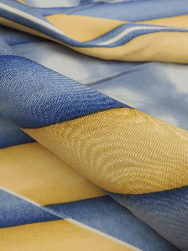 SOLD BY THE PANEL ONLY - Buttercup/Muted Lapis/Taupe Brown/Multi 100% Silk Sailboat Stripe Print Broadcloth 43W