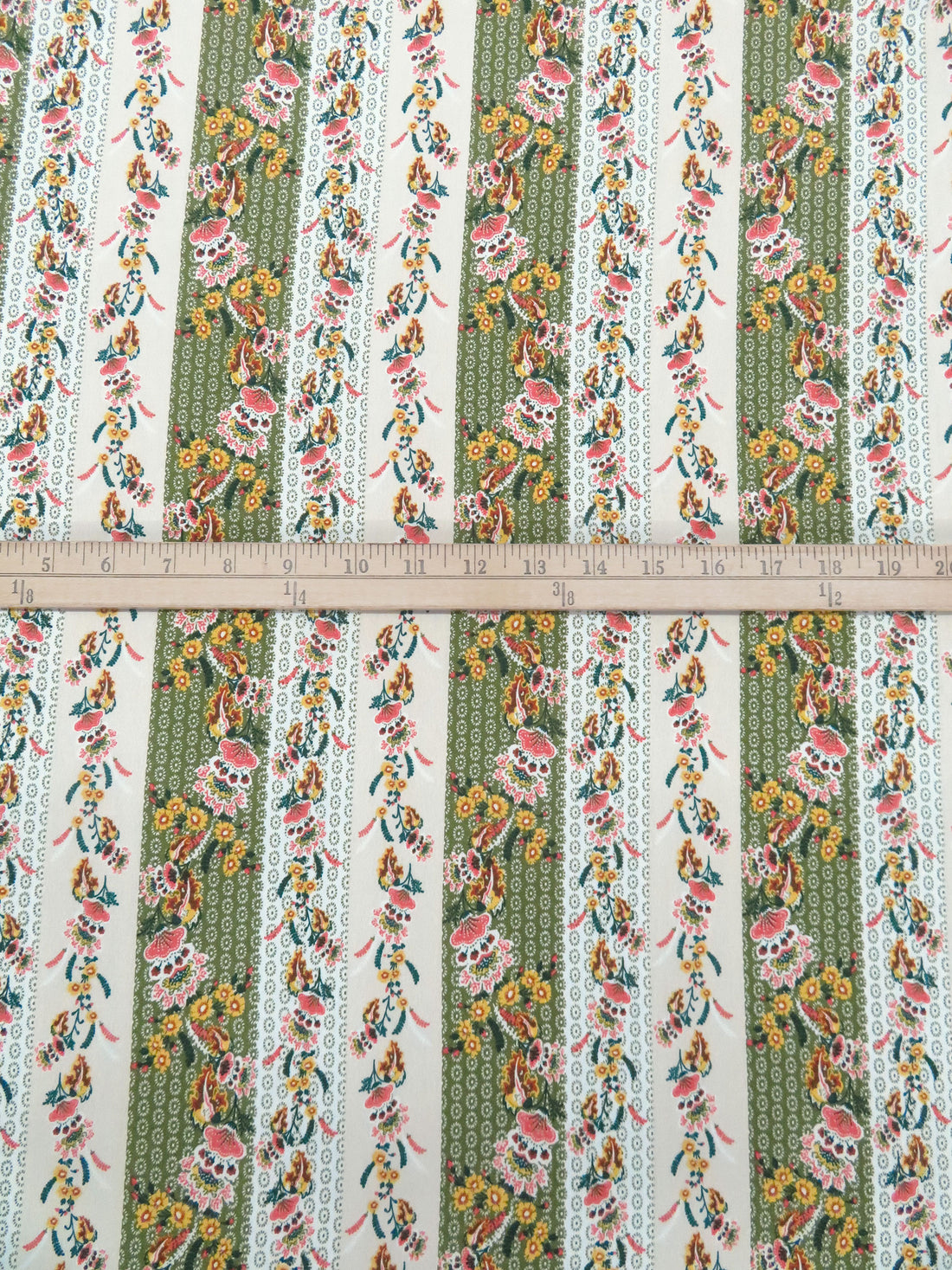 Old Moss/Pale Sand/Marigold/Multi 100% Polyester Vertical Ornate Floral Stripe Print Crepe de Chine 58W