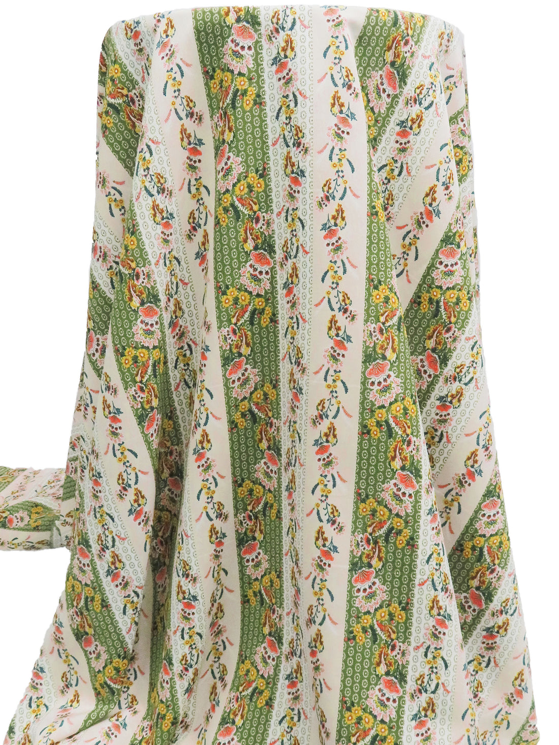 Old Moss/Pale Sand/Marigold/Multi 100% Polyester Vertical Ornate Floral Stripe Print Crepe de Chine 58W