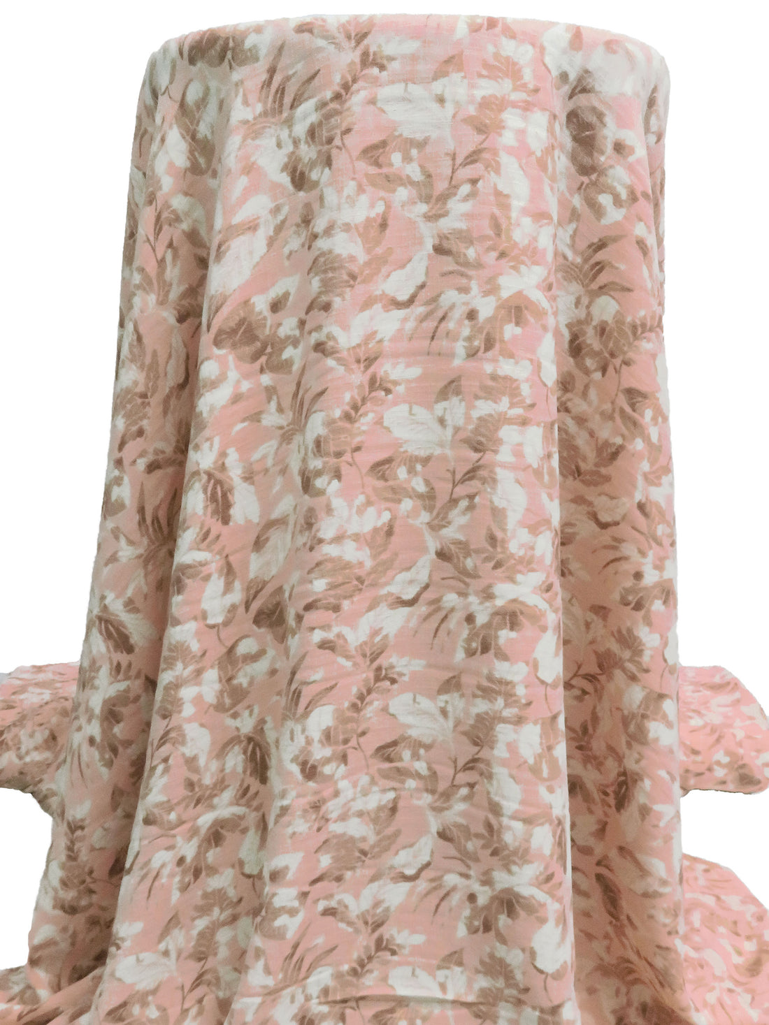 Pale Salmon/White/Beaver/Multi Polyester/Lycra Leaves Print Linen-Look Blouse Weight Woven 59W