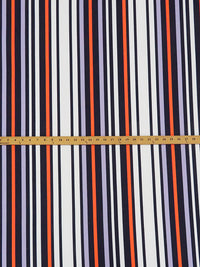 SOLD AS IS ONLY - White/Navy/Periwinkle/Safety Orange Polyester/Lycra Vertical Stripe Print Liverpool Double Knit 56W