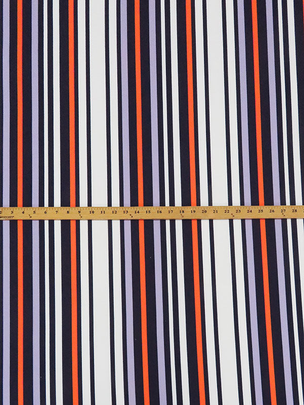 SOLD AS IS ONLY - White/Navy/Periwinkle/Safety Orange Polyester/Lycra Vertical Stripe Print Liverpool Double Knit 56W