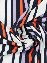 SOLD AS IS ONLY - White/Navy/Periwinkle/Safety Orange Polyester/Lycra Vertical Stripe Print Liverpool Double Knit 56W