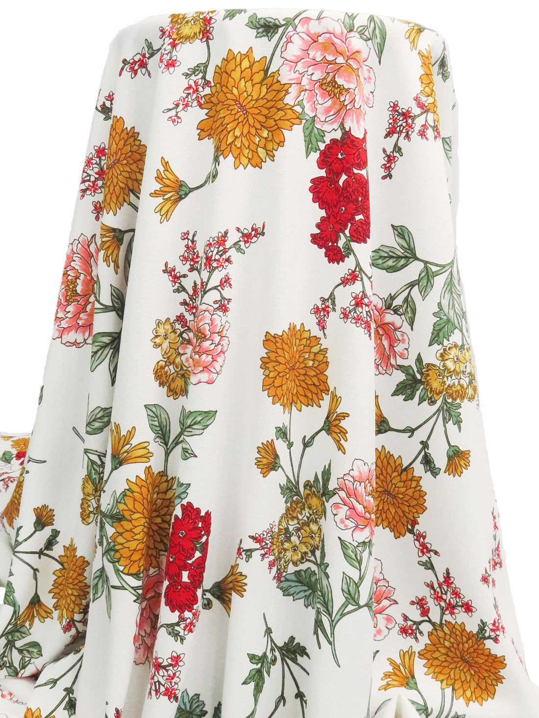 White/Coral Pink/Amber/Multi Polyester/Lycra Large Floral Stems Print Linen-Look Blouse Weight Woven 58W