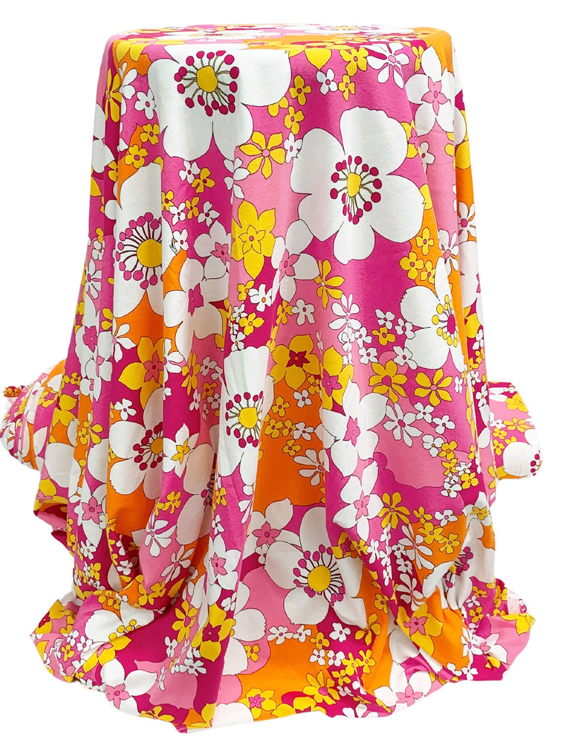 Raspberry Pink/Tangerine/White/Multi Organic Cotton/Lycra Floral Print Jersey Knit - NY Designer - 60W