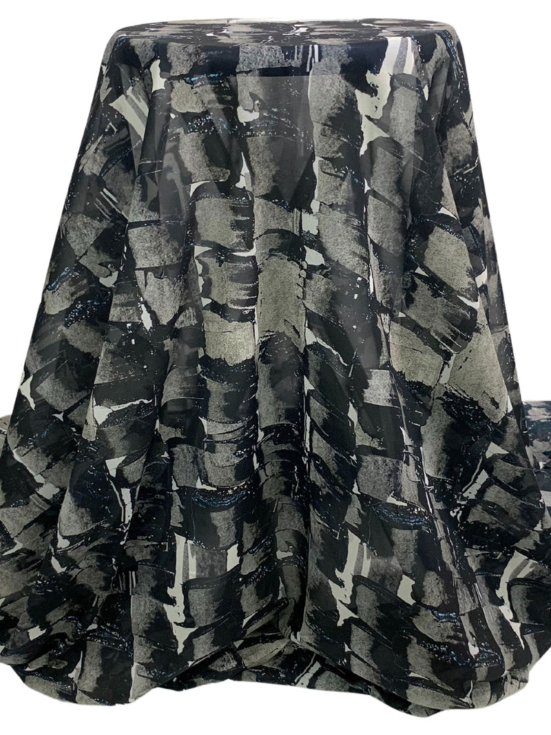 Black/Stone/Dark Blue/Off-White Silk/Lycra Abstract Print Stretch Chiffon - Imported From Italy - 53W