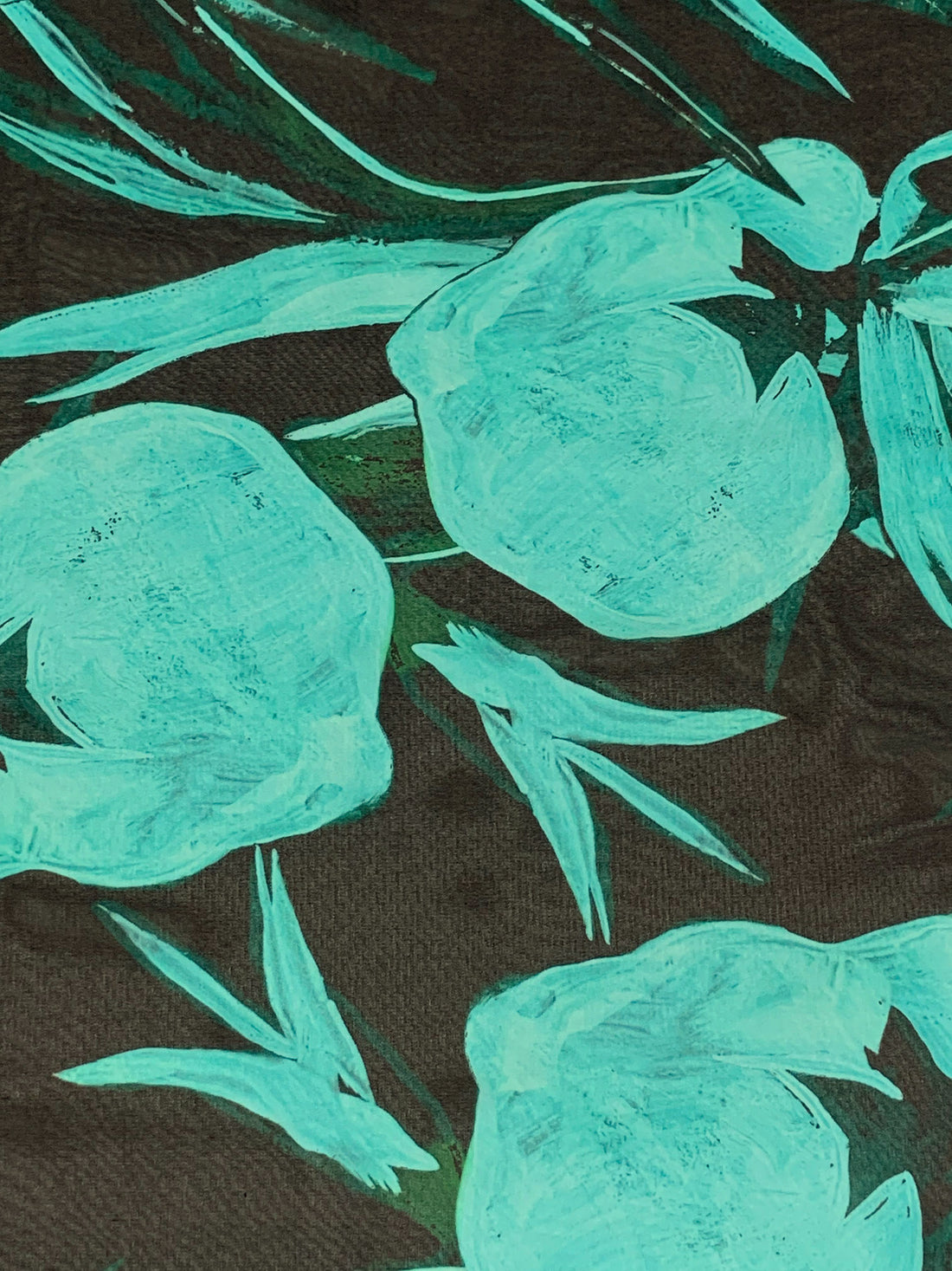 Pale Aqua/Midnight Espresso/Deep Moss Silk/Lycra Large Painterly Abstract Print Stretch Chiffon - Imported From Italy - 53W