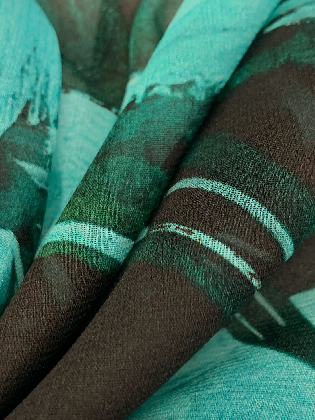 Pale Aqua/Midnight Espresso/Deep Moss Silk/Lycra Large Painterly Abstract Print Stretch Chiffon - Imported From Italy - 53W