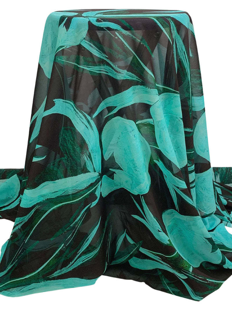 Pale Aqua/Black/Deep Moss Silk/Lycra Large Painterly Abstract Print Stretch Chiffon - Imported From Italy - 53W