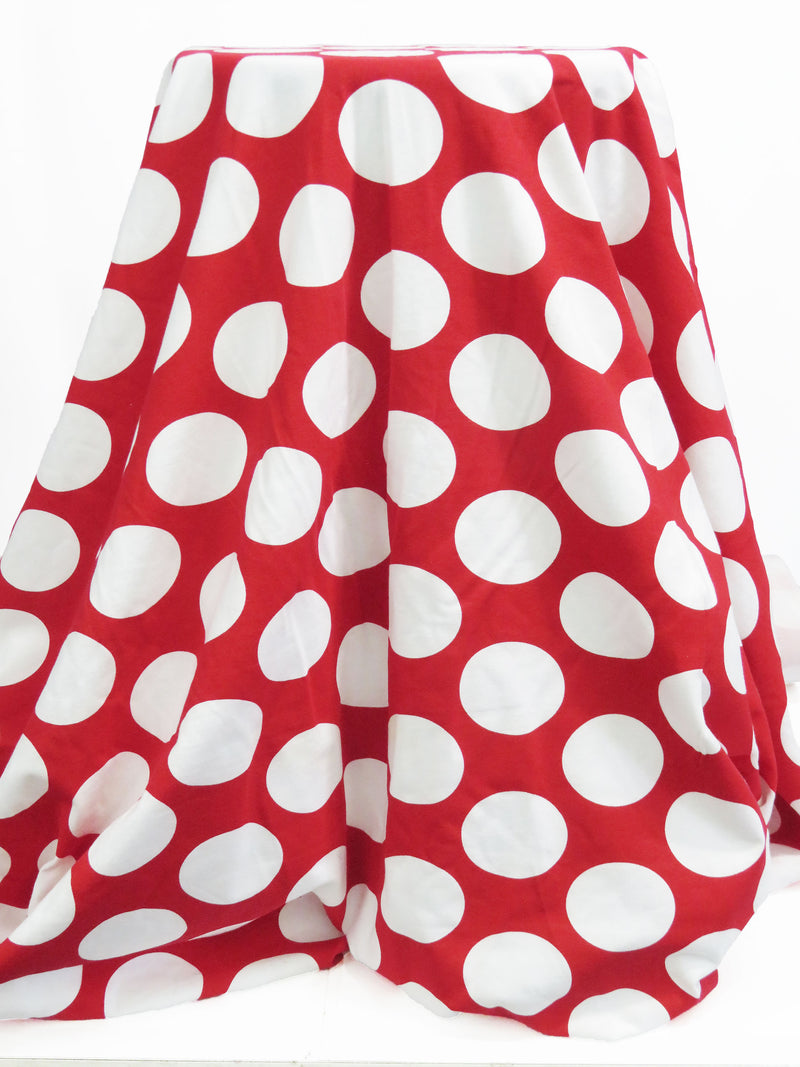 Cardinal Red/White 100% Cotton Large Polka Dot Print Jersey Knit 62W