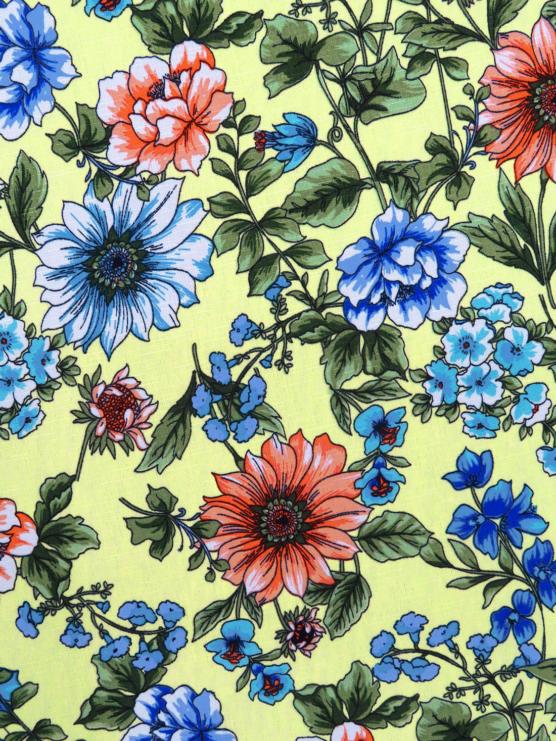 Neon Yellow/Leaf Green/Sky Blue/Multi Polyester/Lycra Floral Print Linen-Look Blouse Weight Woven 57W