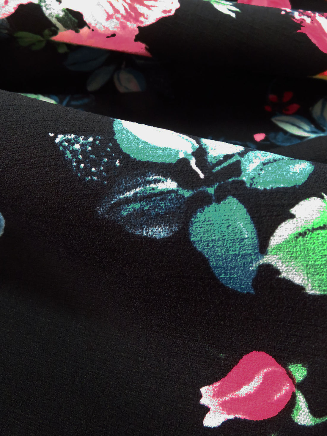 Deep Black/Vivid Pink/Dandelion Yellow/Multi Polyester/Lycra Floral Print Linen-Look Blouse Weight Woven 58W
