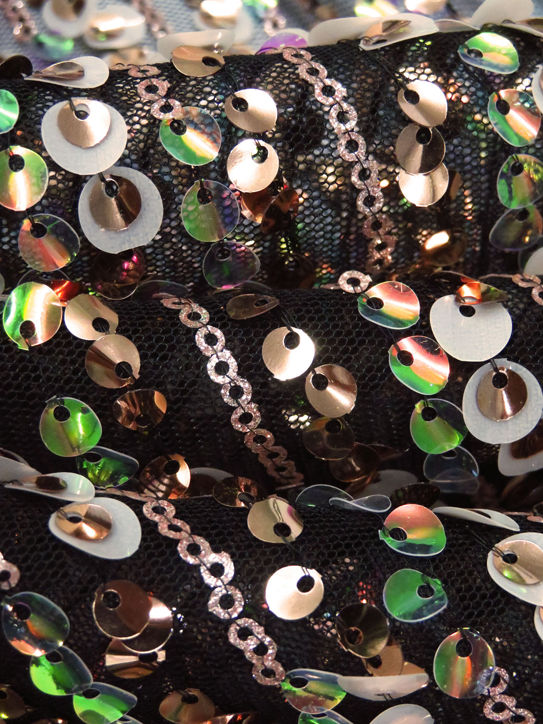 Black/Kelly Green/Rose Gold/Multi 100% Nylon Horizontal Stripe Sequins On Netting - Corey Lynn Calter - 52W