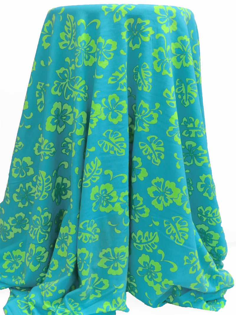 Caribbean Blue/Inchworm Green Cotton/Polyester Tropical Floral Print Interlock Knit 62W