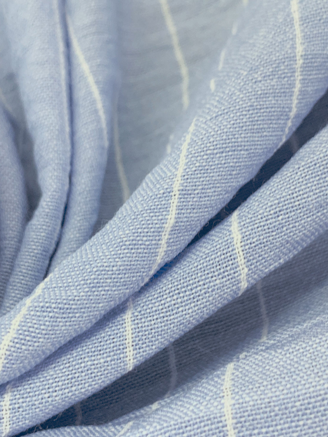 Light Steel Blue/White 100% Polyester Vertical Pinstripe Chambray-Look Blouse Weight Woven 58W