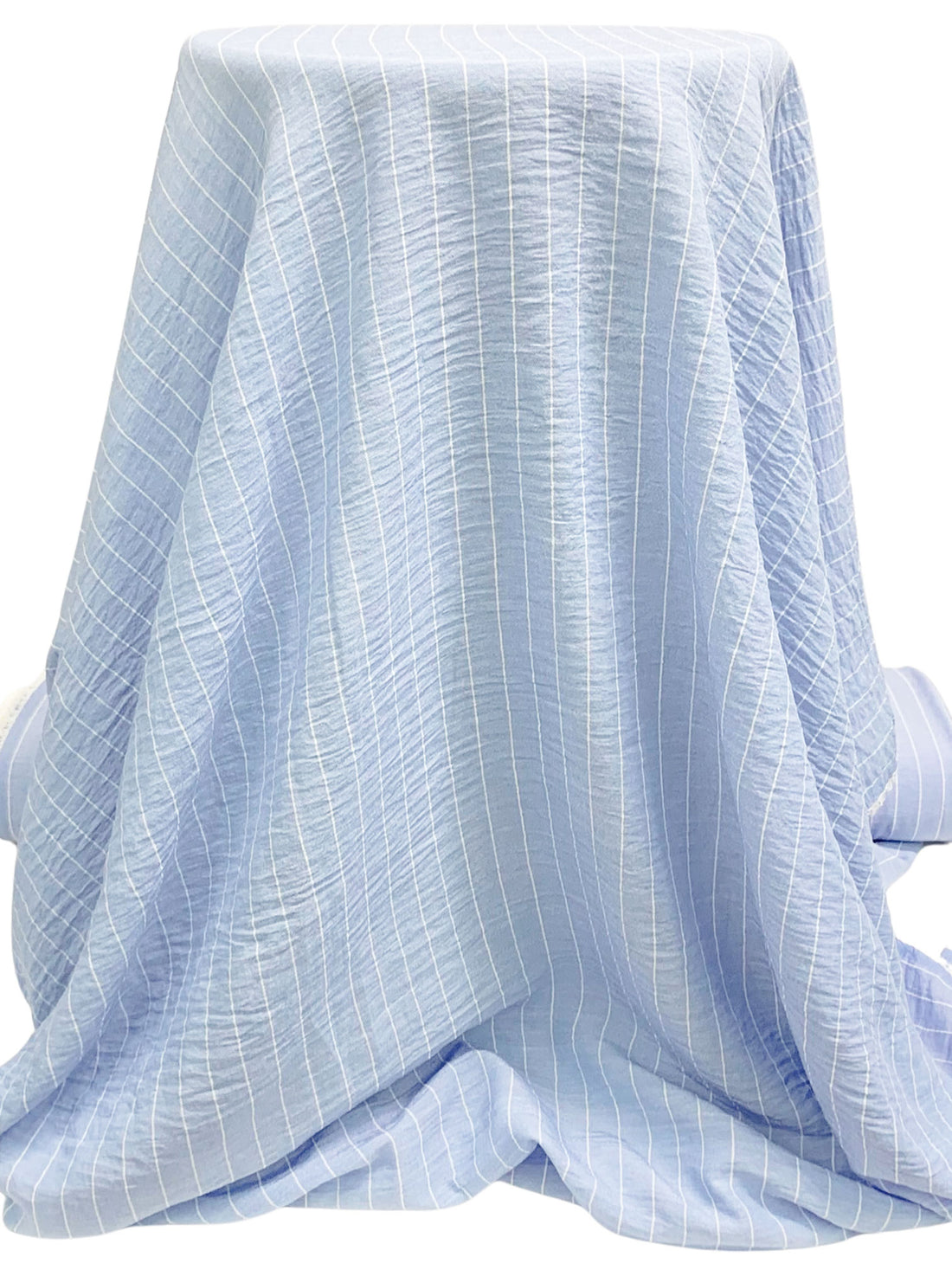 Light Steel Blue/White 100% Polyester Vertical Pinstripe Chambray-Look Blouse Weight Woven 58W