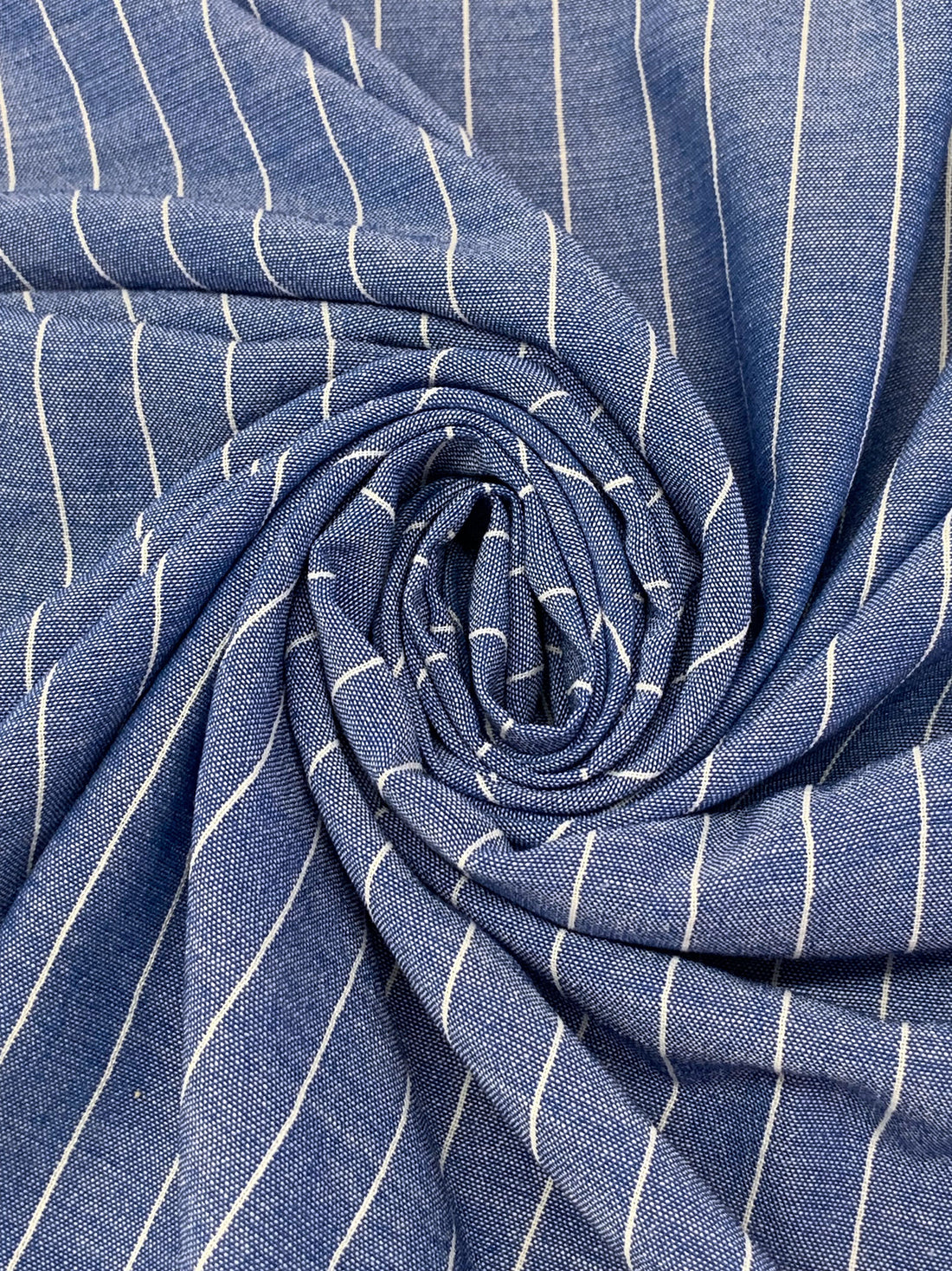 Sapphire Blue/White 100% Polyester Vertical Pinstripe Chambray-Look Blouse Weight Woven 58W
