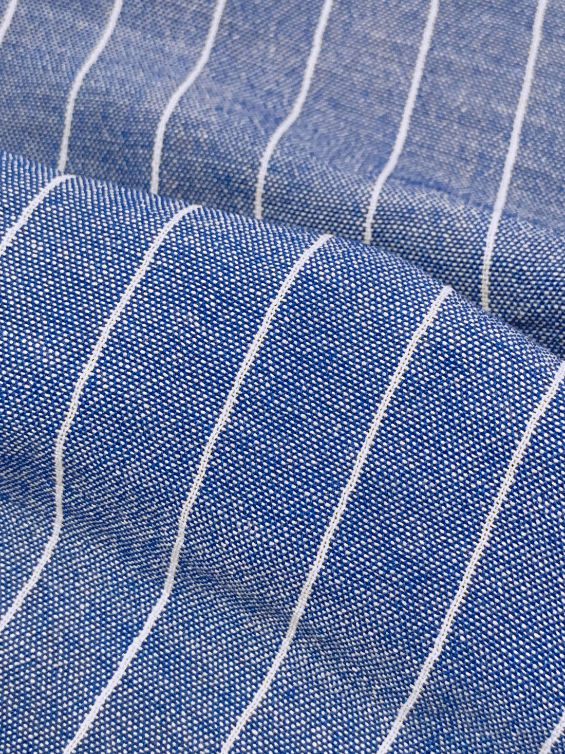Sapphire Blue/White 100% Polyester Vertical Pinstripe Chambray-Look Blouse Weight Woven 58W