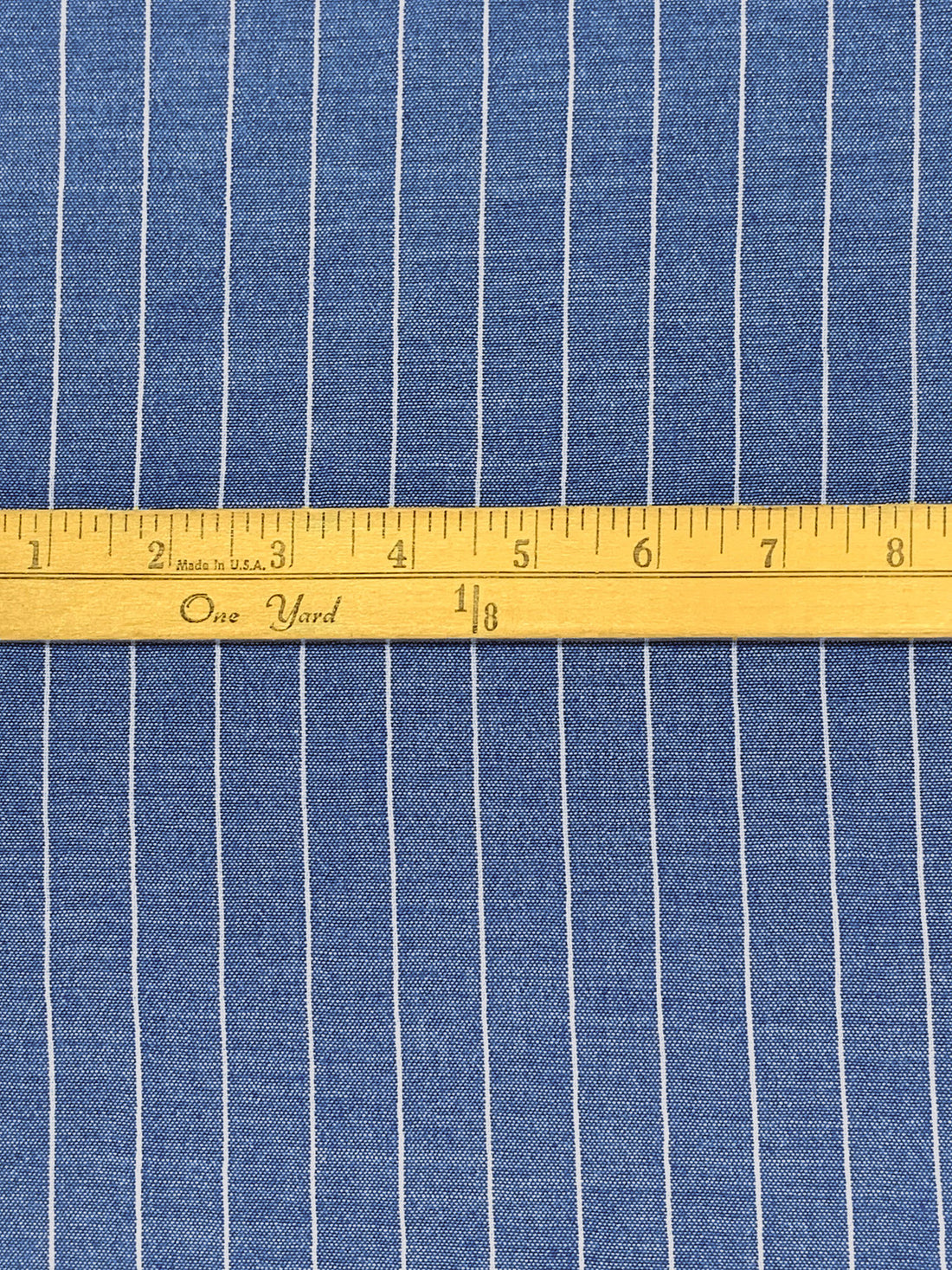Sapphire Blue/White 100% Polyester Vertical Pinstripe Chambray-Look Blouse Weight Woven 58W