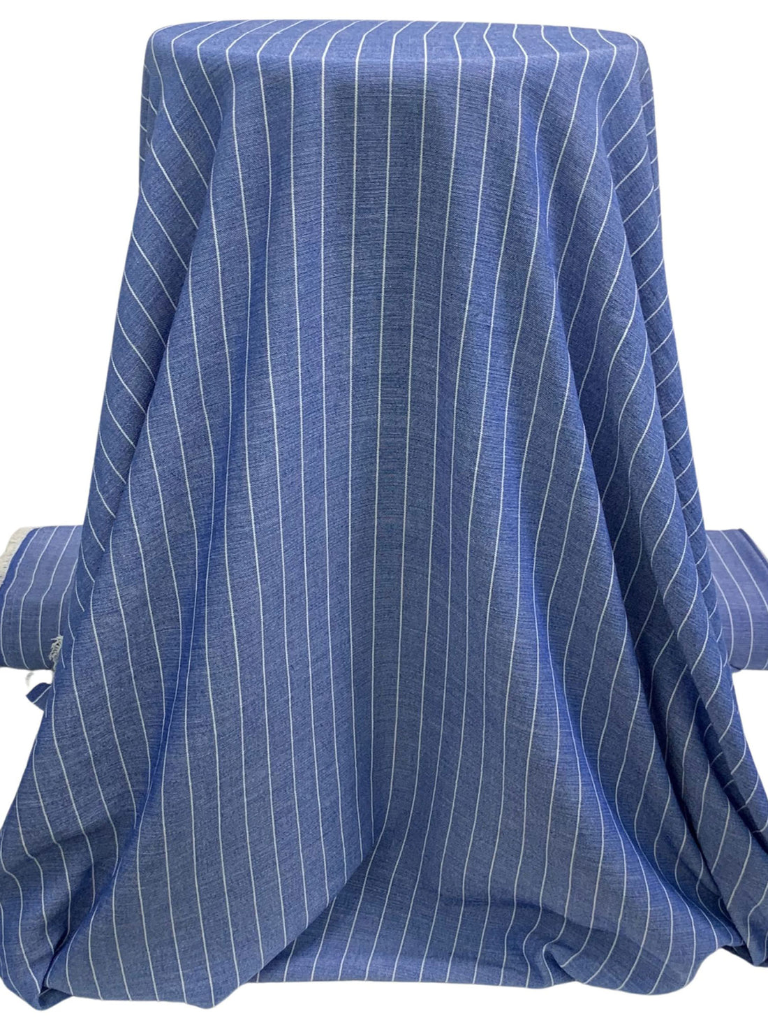 Sapphire Blue/White 100% Polyester Vertical Pinstripe Chambray-Look Blouse Weight Woven 58W