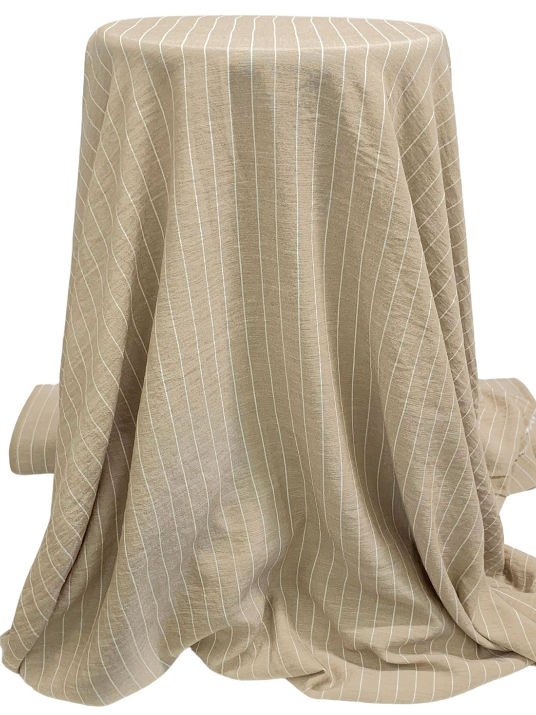 Sandalwood/White 100% Polyester Vertical Pinstripe Chambray-Look Blouse Weight Woven 58W