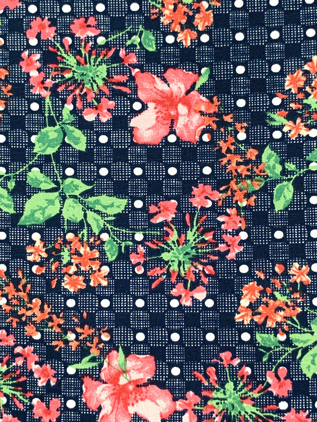 Navy/Coral/Fern/Multi Polyester/Lycra Floral Over Dotted Grid Print Linen-Look Blouse Weight Woven 58W