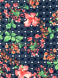 Navy/Coral/Fern/Multi Polyester/Lycra Floral Over Dotted Grid Print Linen-Look Blouse Weight Woven 58W