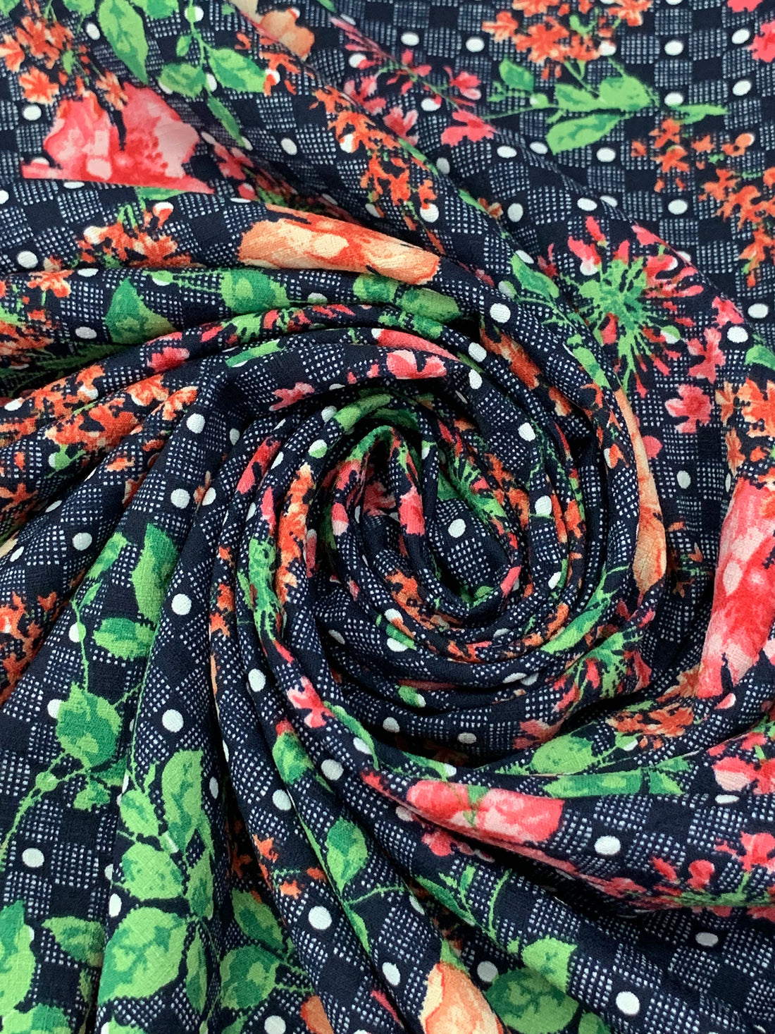 Navy/Coral/Fern/Multi Polyester/Lycra Floral Over Dotted Grid Print Linen-Look Blouse Weight Woven 58W