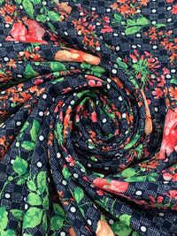Navy/Coral/Fern/Multi Polyester/Lycra Floral Over Dotted Grid Print Linen-Look Blouse Weight Woven 58W