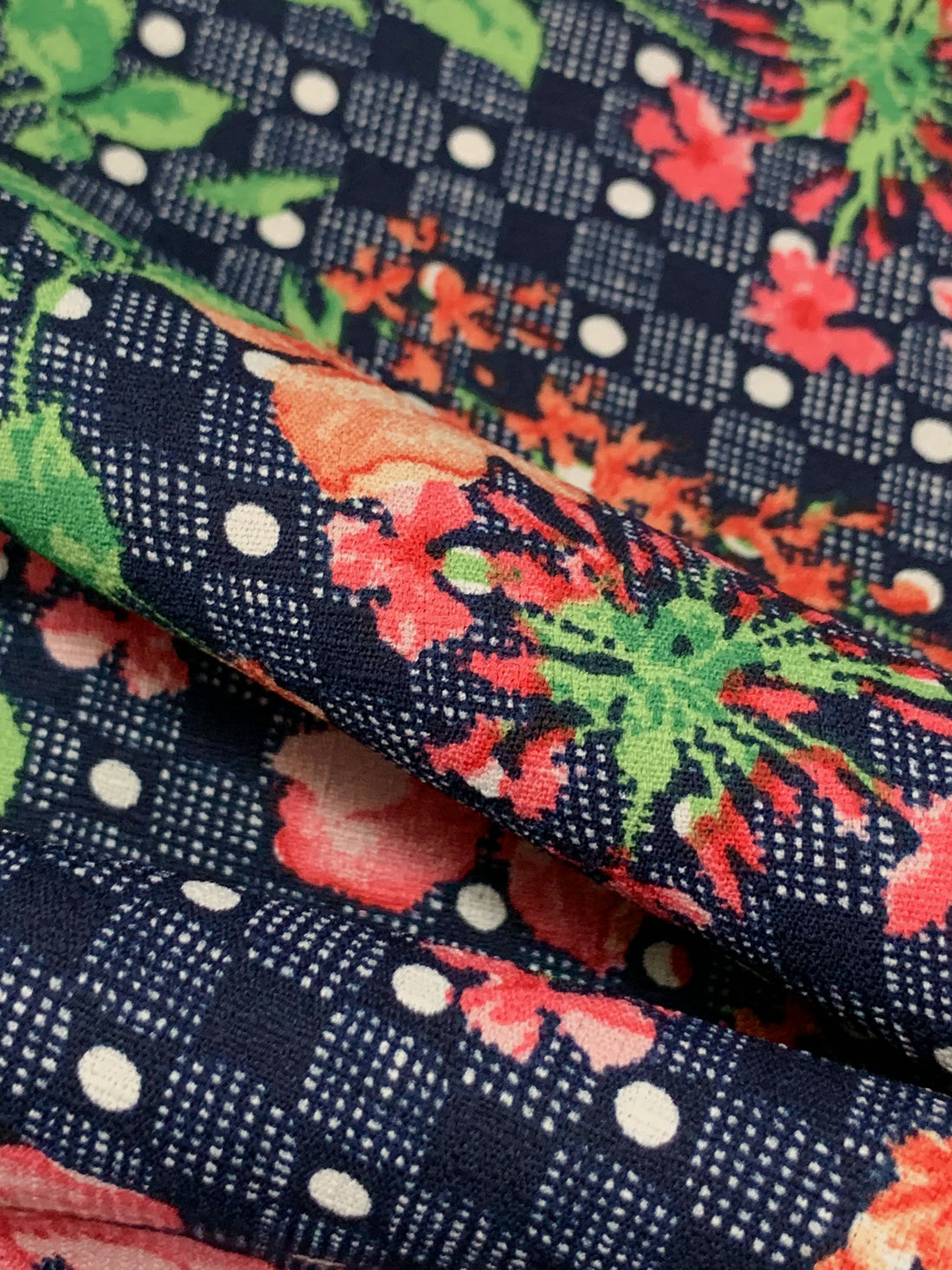 Navy/Coral/Fern/Multi Polyester/Lycra Floral Over Dotted Grid Print Linen-Look Blouse Weight Woven 58W