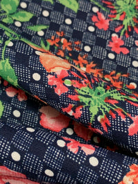 Navy/Coral/Fern/Multi Polyester/Lycra Floral Over Dotted Grid Print Linen-Look Blouse Weight Woven 58W