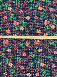 Navy/Coral/Fern/Multi Polyester/Lycra Floral Over Dotted Grid Print Linen-Look Blouse Weight Woven 58W