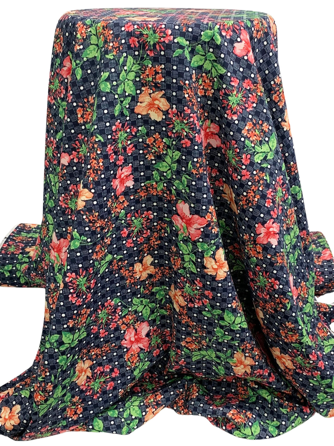Navy/Coral/Fern/Multi Polyester/Lycra Floral Over Dotted Grid Print Linen-Look Blouse Weight Woven 58W