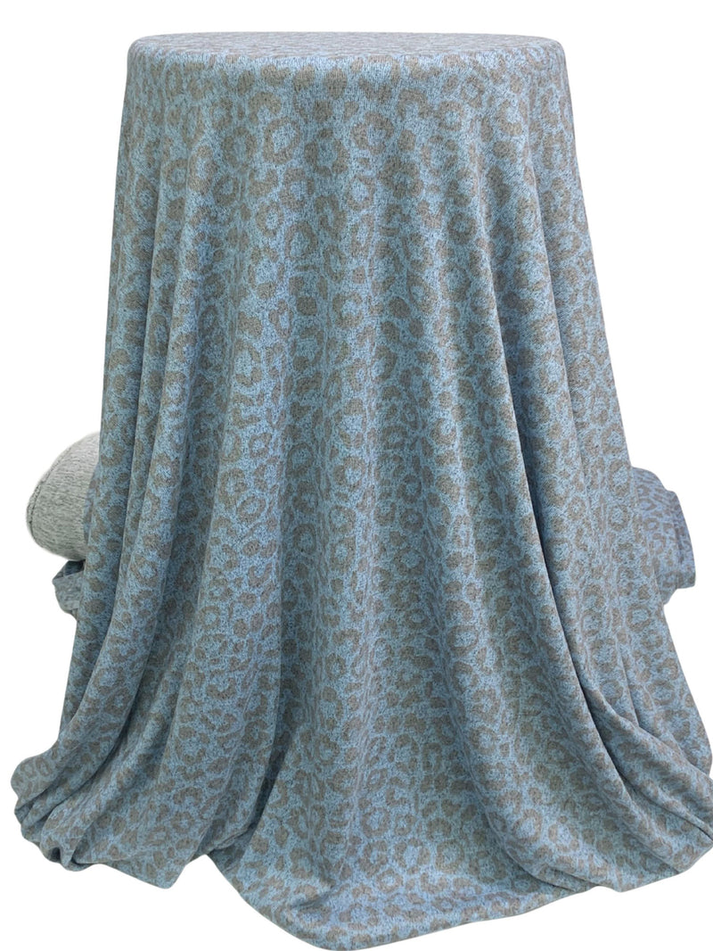 Pale Cerulean/Gray Polyester/Lycra Heathered Animal Print Brushed Hacci Sweater Knit 58W