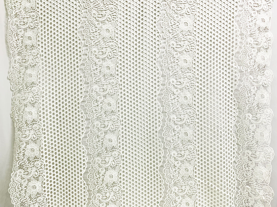 Off-White 100% Polyester Double Scalloped Border Ornate Floral Guipure Lace - Famous Dress Designer - 46W