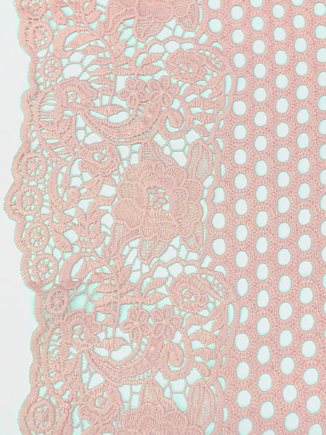 Champagne Pink 100% Polyester Double Scalloped Border Ornate Floral Guipure Lace - Famous Dress Designer - 46W