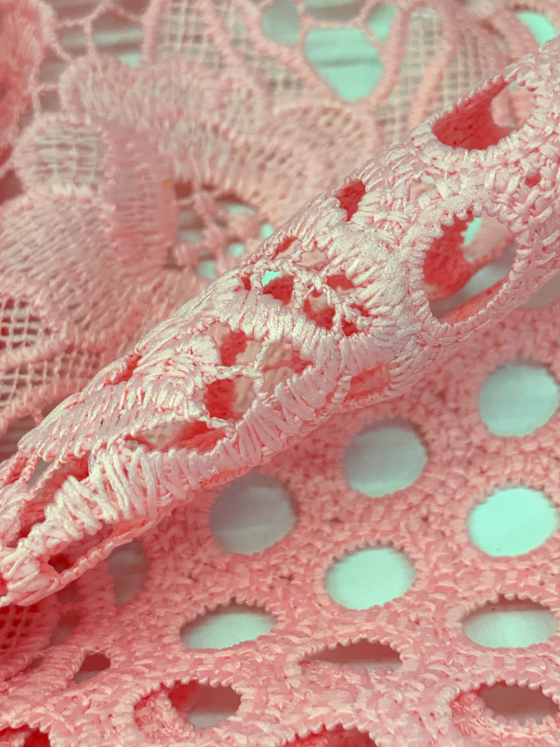 Champagne Pink 100% Polyester Double Scalloped Border Ornate Floral Guipure Lace - Famous Dress Designer - 46W