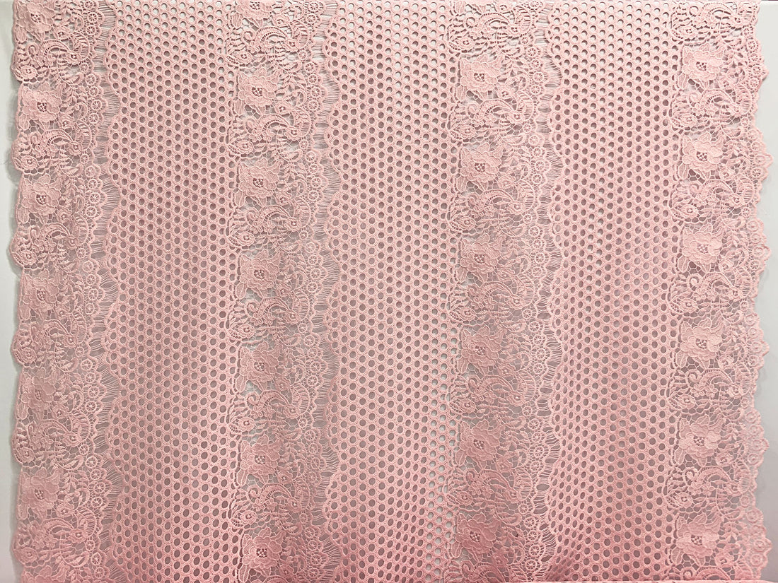 Champagne Pink 100% Polyester Double Scalloped Border Ornate Floral Guipure Lace - Famous Dress Designer - 46W