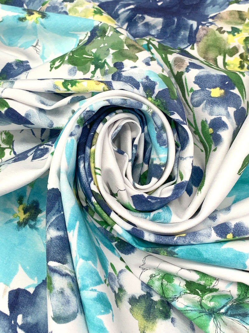 White/Independence Blue/Deep Moss/Multi Rayon/Nylon/Lycra Floral Print Stretch Bengaline Suiting - NY Designer - 58W