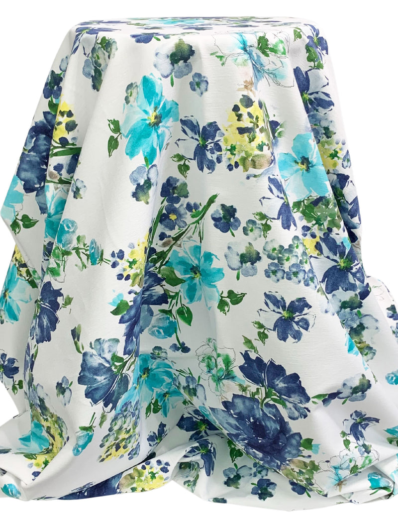 White/Independence Blue/Deep Moss/Multi Rayon/Nylon/Lycra Floral Print Stretch Bengaline Suiting - NY Designer - 58W