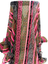Black/White/Highlighter Pink/Multi 100% Polyester Everything Vertical Stripe Print Crepe Chiffon 58W
