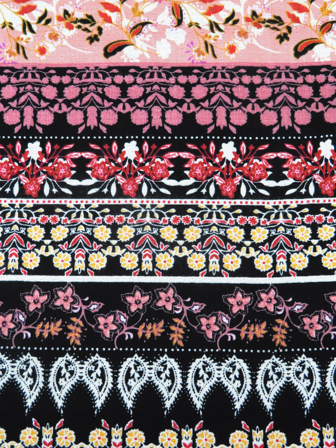 Black/Dusty Rose/Marigold/Multi 100% Rayon Ornate Horizontal Floral Stripe Print Jacquard Gauze 52W