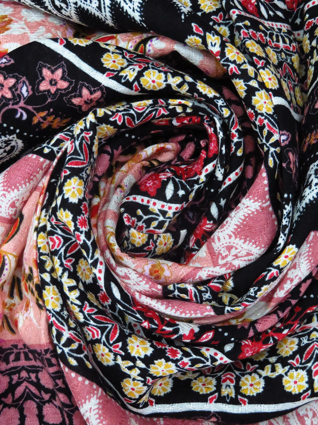 Black/Dusty Rose/Marigold/Multi 100% Rayon Ornate Horizontal Floral Stripe Print Jacquard Gauze 52W