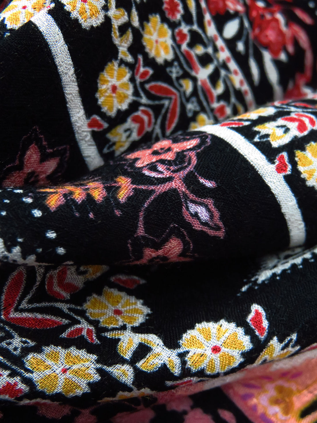Black/Dusty Rose/Marigold/Multi 100% Rayon Ornate Horizontal Floral Stripe Print Jacquard Gauze 52W