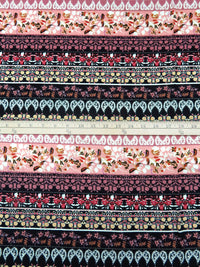 Black/Dusty Rose/Marigold/Multi 100% Rayon Ornate Horizontal Floral Stripe Print Jacquard Gauze 52W