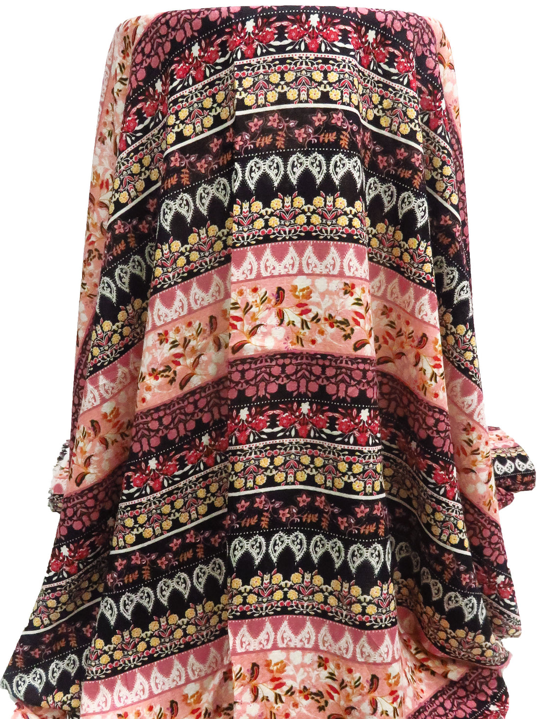 Black/Dusty Rose/Marigold/Multi 100% Rayon Ornate Horizontal Floral Stripe Print Jacquard Gauze 52W