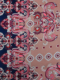 Old Rose/Midnight Navy/Crimson/Multi 100% Rayon Double Border Ornate Print Challis 56W