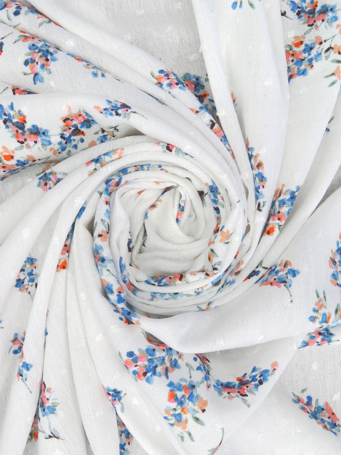 Pure White/Peach Pink/Cobalt Blue/Multi 100% Rayon Floral Print Swiss Dot Crinkle Challis 54W