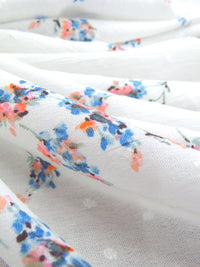 Pure White/Peach Pink/Cobalt Blue/Multi 100% Rayon Floral Print Swiss Dot Crinkle Challis 54W